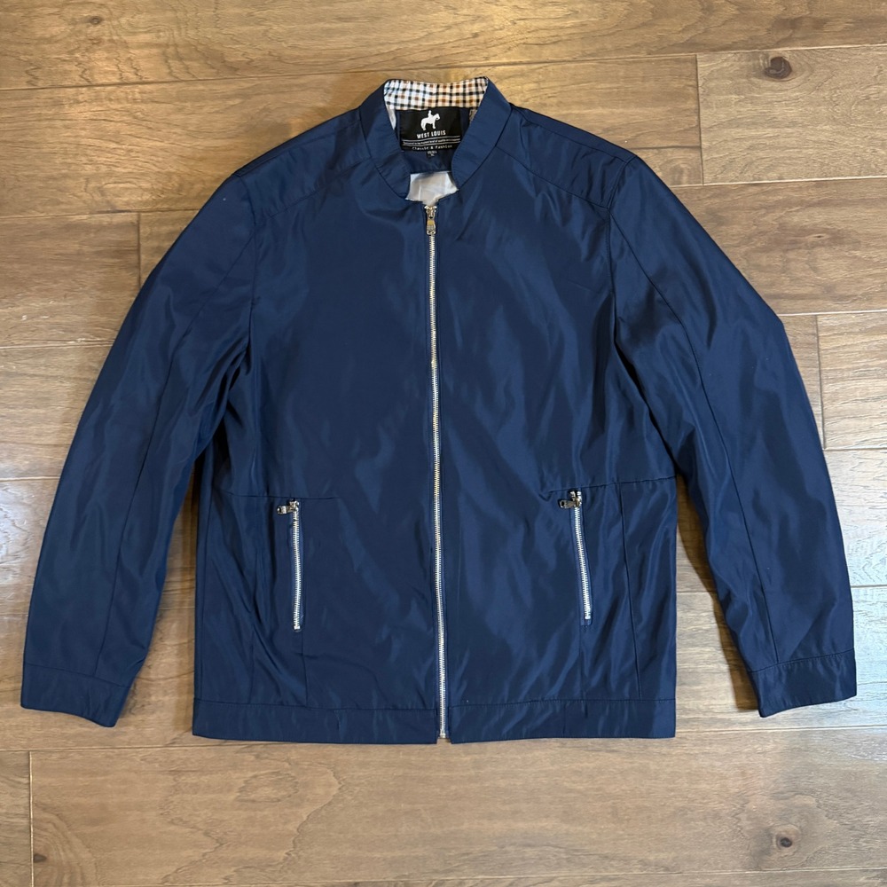 West Louis Mens Navy Blue Full Zip Bomber Jacket Windbreaker Plaid Lined XL‎